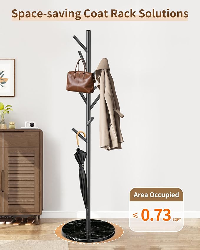 EZIVIEZ Modern Coat Rack Stand, Metal Freestanding Coat Rack with Natural Marble Base, Black Coat Racks with 8 Hooks and Coat Hanger Tree Jacket Stand for Office, Entryway, Hallway