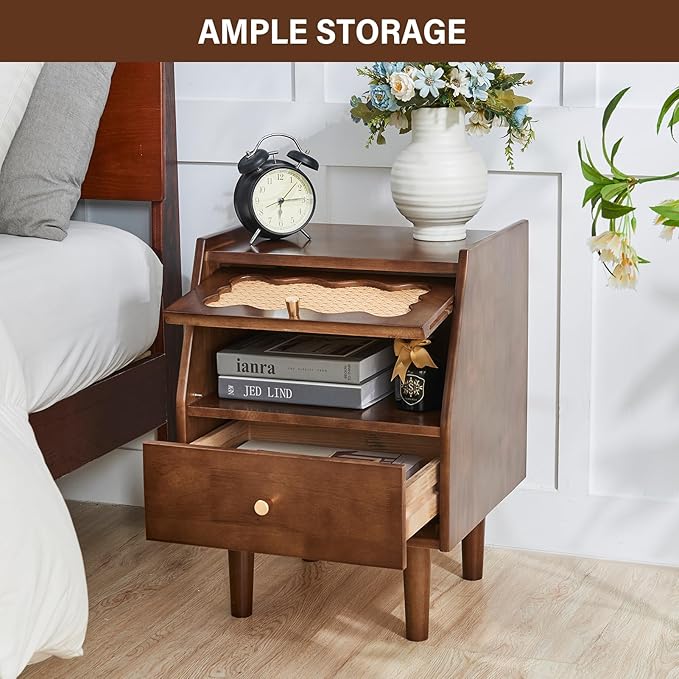CozyDH Rattan Farmhouse Nightstand with Drawer, Solid Wood Nightstand, 21" Bedside Table for Bedroom Sofa Side, Wooden End Tables Living Room, Walnut
