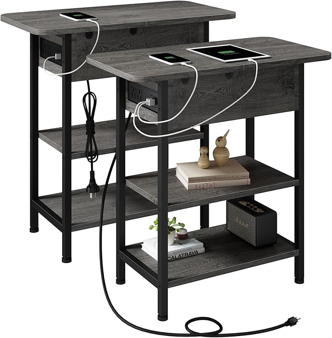 LIDYUK End Table with Charging Station, Flip Top Narrow Side Table for Small Spaces, Nightstands Set of 2 for Bedroom, End Tables Living Room Set of 2 with Storage Shelf, Dark Grey