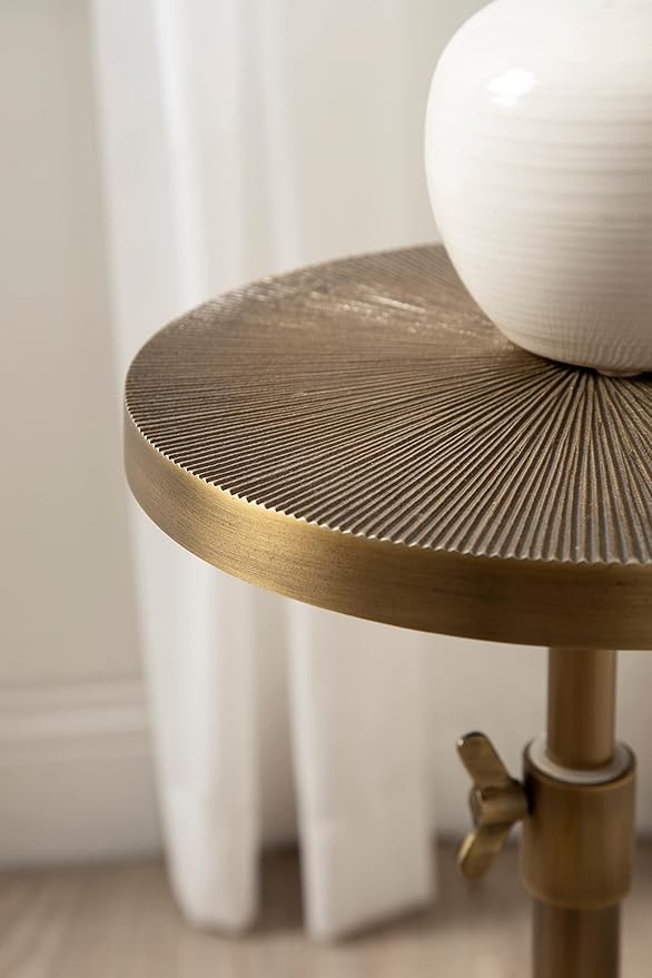 Kate and Laurel Engles Traditional Adjustable-Height Pedestal Drink Table; 10 x 10 x 30; Antique Brass; Vintage Round Indoor Metal Plant Stand with Embossed Sunburst Pattern