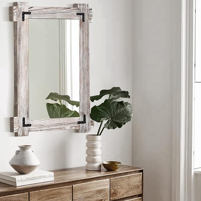 MeMoreCool Farmhouse Rustic Wood Framed Bathroom Mirror, Decorative Wall Mounted Rectangular Mirror for Bedroom, Living Room, or Bathroom, 24x36 Inch, White