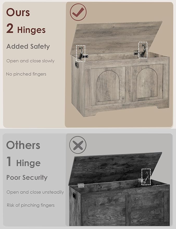 DINZI LVJ Storage Chest, 31.5”Wooden Toy Box with 2 Safety Hinges, Entryway Storage Bench with Flip-Top, Sturdy Storage Trunk for Living Room, Bedroom, Easy Assembly, Gray Wash