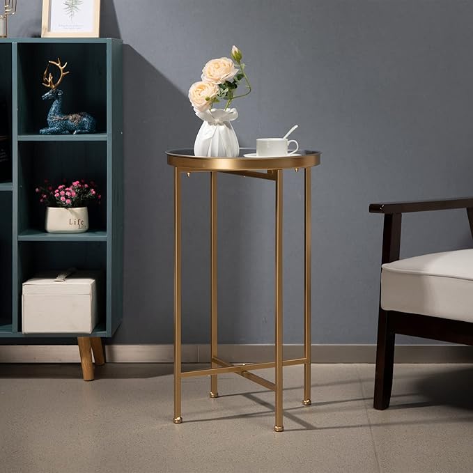 HollyHOME Small Round Metal Waterproof End Table, Accent Indoor&Outdoor Coffee Side Table, Snack Sofa Table for Living Room, Anti-Rust Decorative Plant Stand, (D) 14.5" x (H) 25", Gold/Grey
