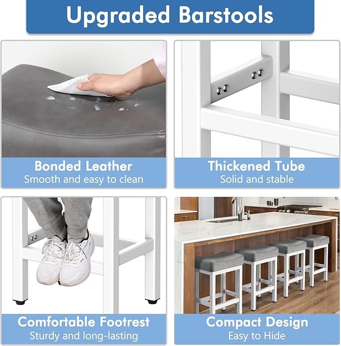 Counter Height Bar Stools Set of 3, 24 Inch Barstools for Kitchen Island Counter, Bonded Leather Kitchen Stools with Thick Saddle Seats & Heavy Duty Metal Base, Easy Assembly, Gray/White