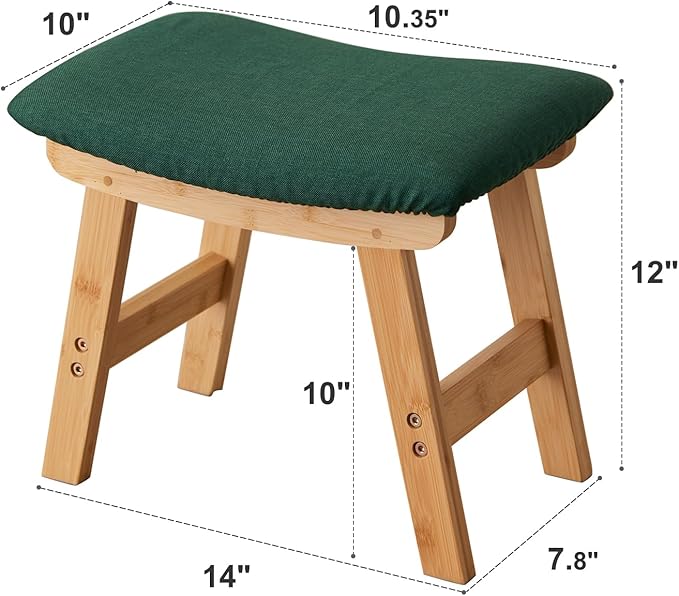 Foot Stool,Ottoman,Bamboo Small Sofa Foot Rest Under Desk,Extra Seating for Living Room, Bedroom and Kitchen (Natural Stool Legs - Green Surface)
