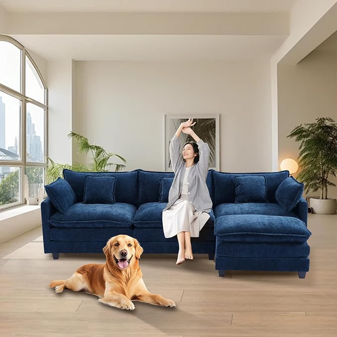 Furniliving 112‘’ L-Shaped Sofa, Luxury Chenille Modular Sectional Couches with Ottoman, Upholstered Deep Seat Sleeper Sofa with Memory Foam and Waist Pillows, Blue