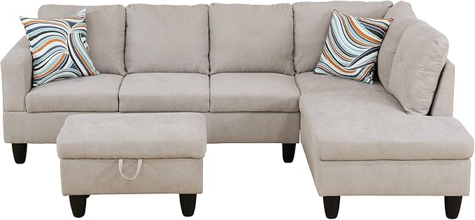 NicBex Sectional Couch 3 Pieces Sofa Set with Left Chaise Flannel L Shaped Cloud Couch for Living Room Furniture Sets with Storage Ottoman, Modular Sofa for Living Room & Apartment, Off-White