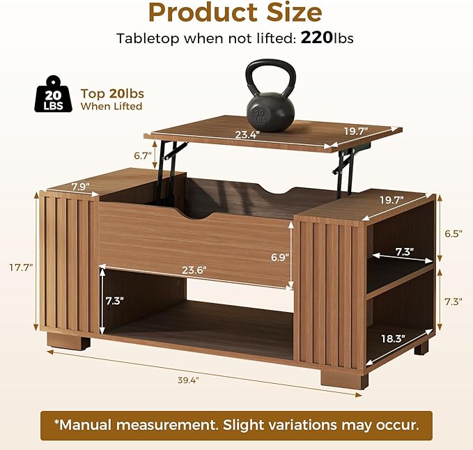 COMHOMA Lift Top Coffee Table for Living Room, 39" Center Table with Hidden Storage Compartment, Adjustable Wooden Tea Table for Small Spaces, Dark Walnut