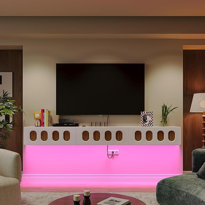 Floaticase Fully Assembled Floating TV Stand, 47IN High Gloss Wall Mounted Entertainment Center with Flip-Down Doors & Drawers, TV Console Under TV Shelf for Bedroom Livingroom