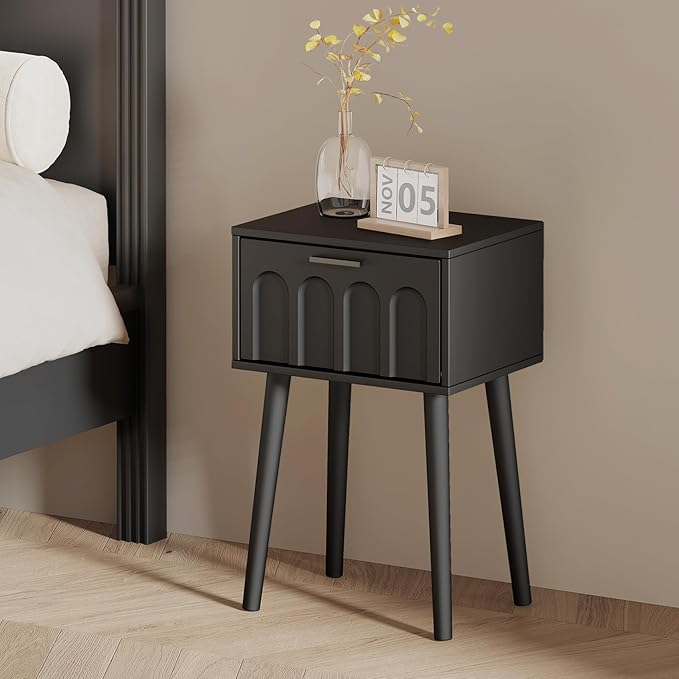 LAATOOREE Nightstand Set of 2, Small Bed Side Table with Arch Door, Mid-Century End Table with Wood Legs for Bedroom, Small Space (Black)
