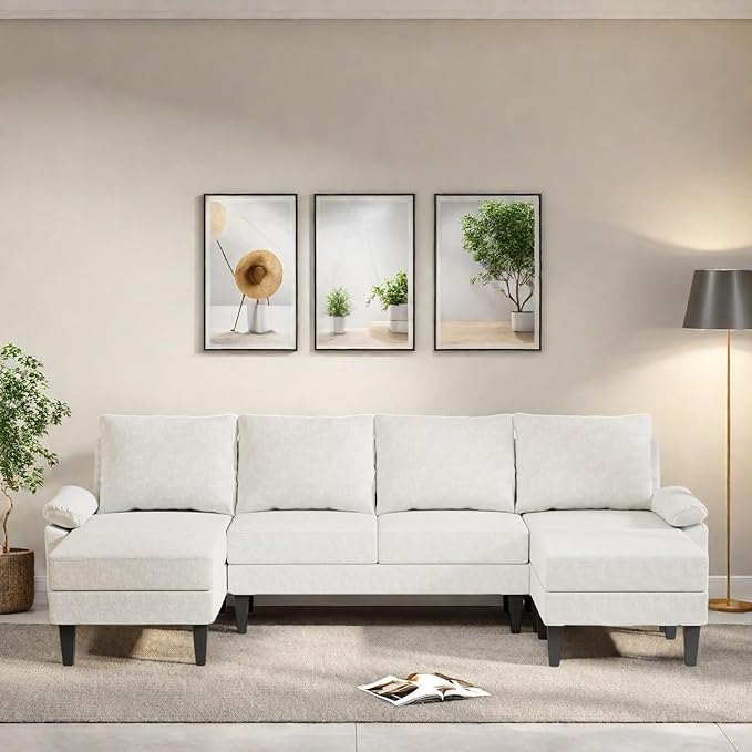 115 Inch U Shaped Sectional Couch with Chaise, 5-Seat Sofa with Moveable Ottoman, Modern Modular Sofa for Living Room, Apartment, Off-White