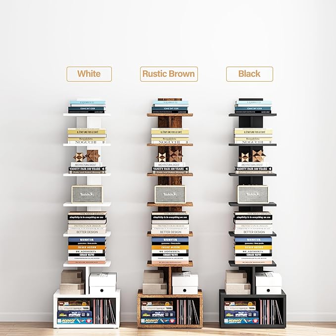 TUTOTAK Narrow Bookshelf, Vertical 8-Tier Bookcase, Spine Book Shelf for Small Space, Small Standing Shelf for Living Room, Office, Study, Entryway, Brown BS07BB008