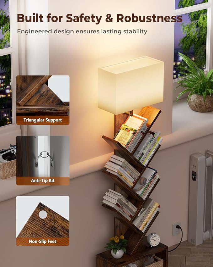 6 Tier Tree Bookshelf with Light, Narrow Bookcase Tower, Tall Floor Standing Book Organizer with Storage Cabinet for Living Room, Bedroom and Home Office, Rustic Brown
