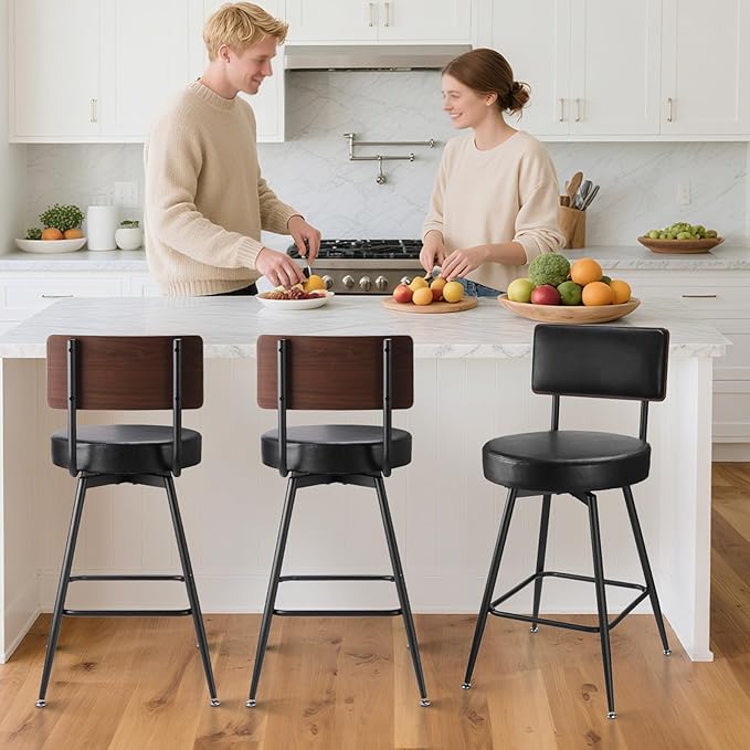Bar Stools, 25 Inch Swivel Counter Height Bar Stools Set of 2, Black Faux Leather Swivel Bar Stool with Wood Back & Metal Legs for Kitchen Island Pub, Black
