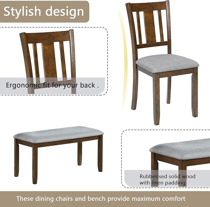 KEIKI 6-Piece Standard Height Dining Table Set with Rectangular Table, 4 Upholstered Slatted Backrset Chair, Bench, for 6 Person, Modern Table Set, Easy Assembly, for Kitchen, Dining Room, Walnut