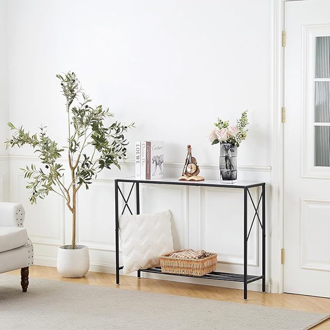 Wimarsbon Console Table,Multifunctional Sofa Side Table with Shelves,Behind Couch TV Tables with Metal Frame,Accent Display Stand for Hallway,Entrance (41.9" 2-Layer White Faux Marble + Black Frame)
