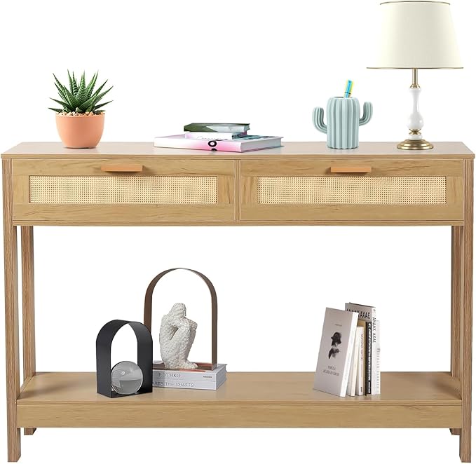 Console Table with Rattan Drawers Boho Entryway Table Narrow Long Sofa Table for Entrance, Hallway, Living Room, Couch