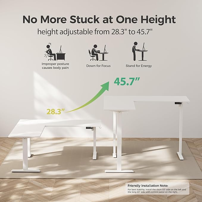 Agilestic 63 x 55 Inch L Shaped Standing Desk Adjustable Height, Corner Standing Desk, Sit Stand Up Computer Table, Splice Board, White