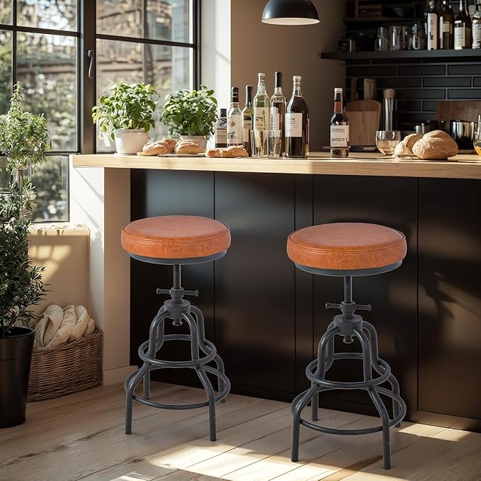 LOKKHAN Industrial Bar Stools-Swivel Leather Metal Bar Stool-20-27 Inch Tall Counter Height-Adjustable Kitchen Stool Dining Chair Cafe Stools (Set of 2)