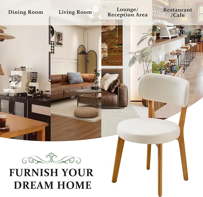 Furniliving Oak Wooden Dining Chairs Set of 4, Mid-Century Modern Linen Upholstered Kitchen Chair with Solid Wood, Farmhouse Dining Room Chairs, Beige