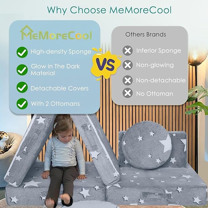 MeMoreCool 8-Piece Kids Modular Play Couch — Glow-in-The-Dark Star Foam Sofa Set for Toddlers, Convertible Fort Building & Climbing Furniture with Washable Covers, Playroom & Indoor Activity Set