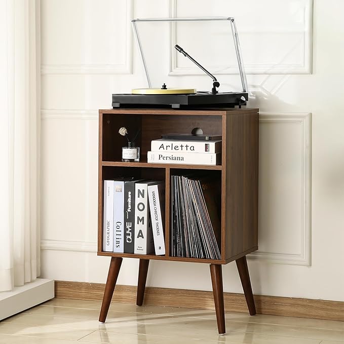 Record Player Table – 20 x 15.75 x 32 Inches- Vintage Decor Side Table with Wood Legs, Record Holder Stand - Walnut Finish Retro Furniture Storage Cabinet for Living Room, Bedroom, Kitchen