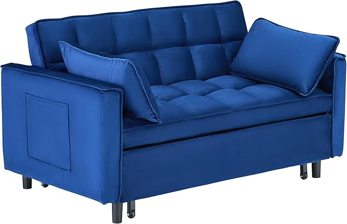 Ball & Cast 3 in 1 Convertible Sleeper Sofa Bed,Velvet Futon Couch with Pull-Out Bed,Convertible Pull Out Couches W/ 2 Pillows,Adjustable Backrest & Side Pocket,for Living Room,Apartment,Blue,55"