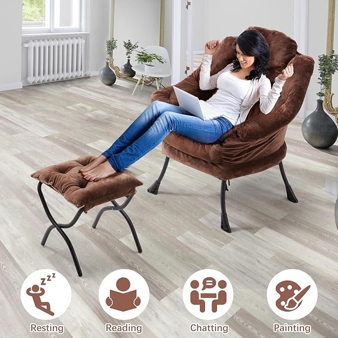 Lazy Chair with Folding Ottoman,Leisure Sofa Chair,Soft Fabric Armchair with Armrests and Side Pockets, Reading Chair with Footrest for Living Room, Bedroom, Office (Plush Dark Brown)