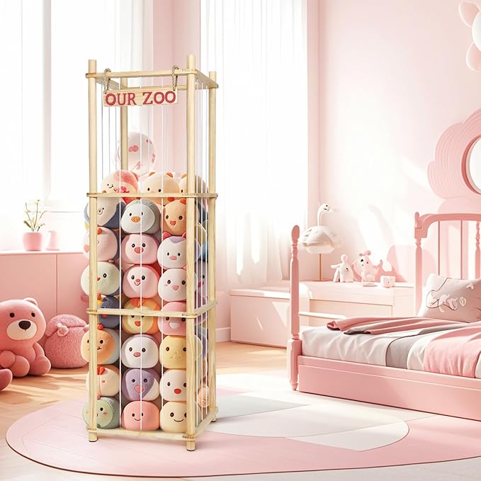 Stuffed Animal Storage - Tall Natural Pine Wood Toy Organizer with Elastic Cords & Shelf, Space-Saving Plushie Playhouse for Nursery, Playroom, Kids Bedroom - Easy Assembly