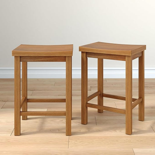 Grain & Grove Smith Collection Set of 2 Solid Wood Counter Height Bar Stools, 24-Inch Saddle Seat Backless Stools, Ideal for Kitchen Island, Dining, or Home Bar Seating, Pecan