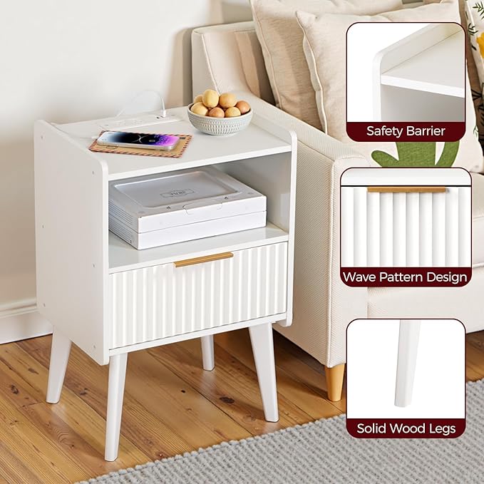 Fluted Nightstand, End Table, Small Modern Bedside Table with Charging Station, Side Table with Drawer, for Small Spaces, Bedroom, Living Room, White ETWT61E01N1