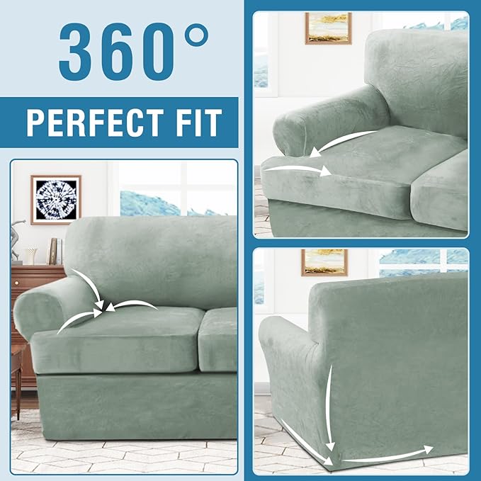 H.VERSAILTEX Sofa Cover 3 Piece T Cushion Sofa Slipcovers Thick Velvet Couch Cover Stretch T Cushion Sofa Covers for 2 Cushion Couch with 2 Individual T Cushion Covers Washable, Sea Grass