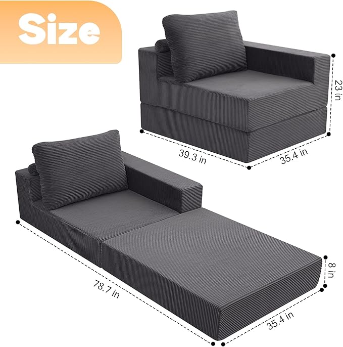 MeMoreCool Convertible Sofa Bed Foldable Boneless Couch, Folding Sleeper Chair Bed with L-Shaped Armrest, Comfy Floor Lounge Couch for Adults, Fold Out Single Sofa Chair Futon for Indoor Bedroom