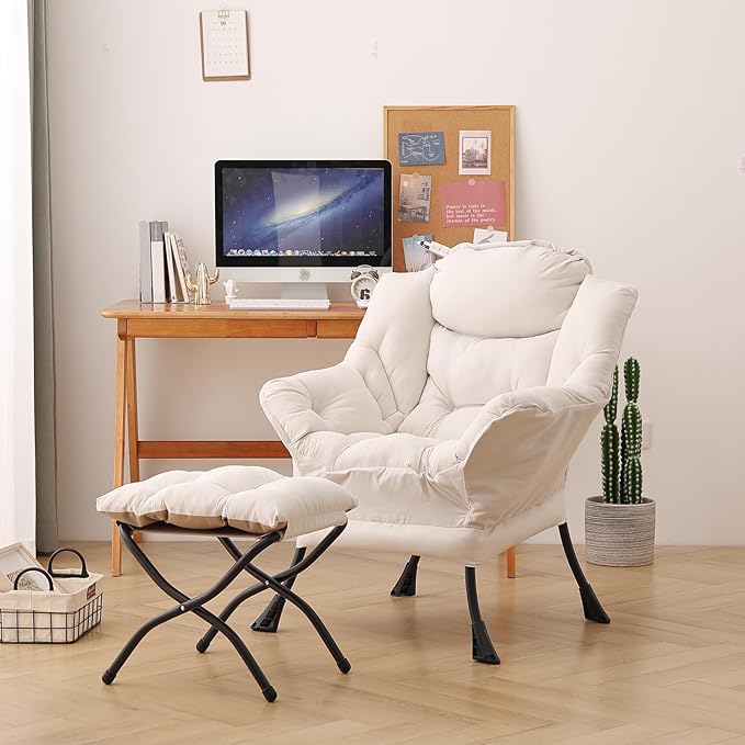 Lazy Chair with Ottoman, Modern Chair with Folding Footrest, Lounge Accent Chair, Comfortable Reading Chair, Oversized Armchairs for Bedroom, Study, Living Room, Courtyard (Beige