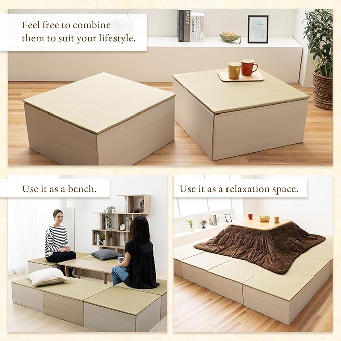 BJDesign Square Tatami Bench and Raised Platform Unit | Japanese Style Igusa Rush Grass Top | Wood Grain White, 24x24x11.6in | Easy Assembly, Durable | 3 Set