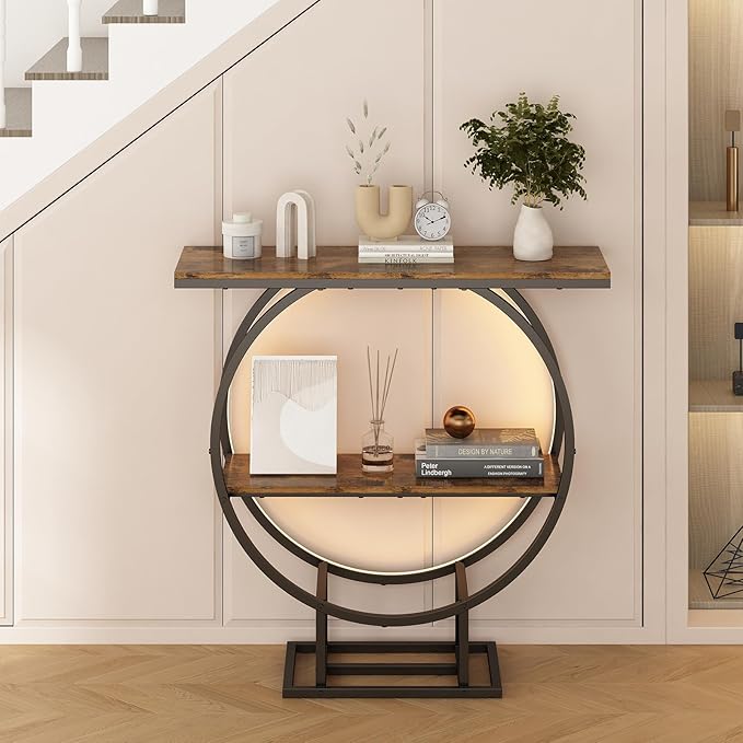 Console Tables, Entryway Table with Motion Sensor Light, 30" Height Behind Couch Sofa Table, Industrial Furniture, Hallway Table for Living Room, Entrance, O-Shaped Metal Frame, Rustic Brown