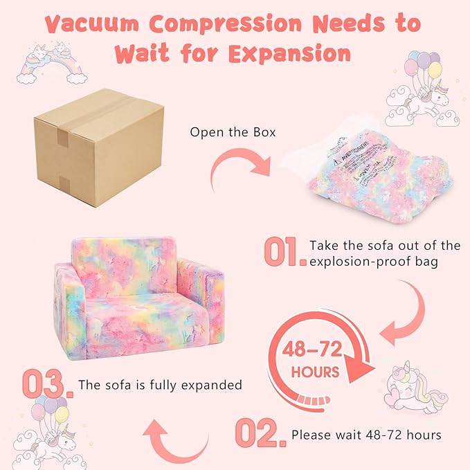 Toddler Couch,Toddler Chair,Kids Sofa Chair 2-in-1 Baby Seat Furniture Fold Out, Convertible Sofa to Lounger Soft Comfy Glow in The Dark Kids Sofa Bed Gifts for Kids Girl Boys,Unicorn