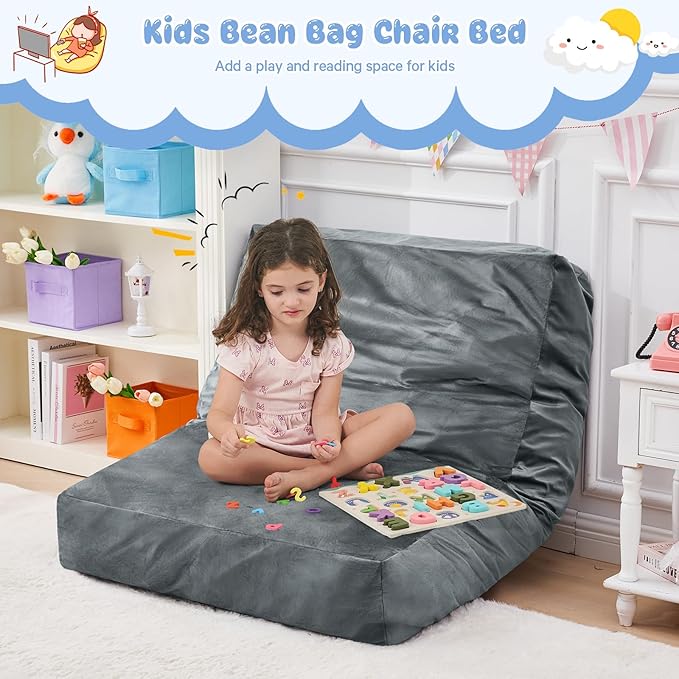 Kids Bean Bag Chair Bed - Convertible Lazy Chair to Floor Mattress with Filler - Small Beanbag Chair for Boys and Girls - Floor Couch Sofa in Bedroom, Classroom, Reading Nook - Charcoal