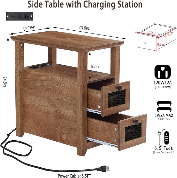 Farmhouse XXL End Table with Charging Station, Narrow Side Table with USB Ports and Outlets, Nightstand with 2 Drawers Storage, Bedside Tables for Living Room, Bedroom, Wooden Color