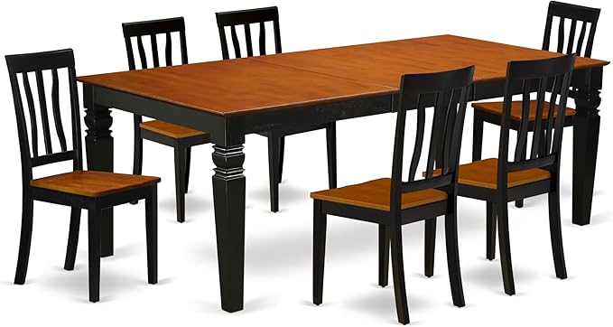 East West Furniture LGAN7-BCH-W 7 Piece Dining Set Consist of a Rectangle Dining Table with Butterfly Leaf and 6 Kitchen Chairs, 42x84 Inch, Black & Cherry