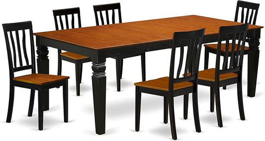East West Furniture LGAN7-BCH-W 7 Piece Dining Set Consist of a Rectangle Dining Table with Butterfly Leaf and 6 Kitchen Chairs, 42x84 Inch, Black & Cherry