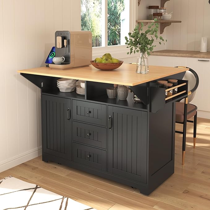 56" Large Kitchen Island with 2 Drop Leafs,Rolling Kitchen Cart on 5 Wheels W/Power Outlet & 3 Drawers,Folding Storage Dining Table W/Spice & Towel Racks,for Kitchen,Dining Room,Black