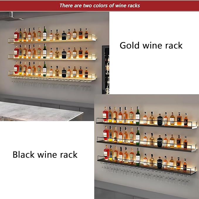 55in Wall-Mounted Metal Wine Rack with LED Lights 3-Tier Floating Bar Shelves with Wine Glass Rack Large Wine Bottle Display Rack Hanging Shelf, for Home Bar Dining Room Decorative (black, 140cm/55in)