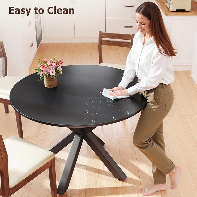 Round Dining Table, 42" Kitchen Dining Table for 4-6, Small Round Table with Metal Cross Legs, Modern Round Dining Room Table for Kitchen, Apartment, Living Room, Black