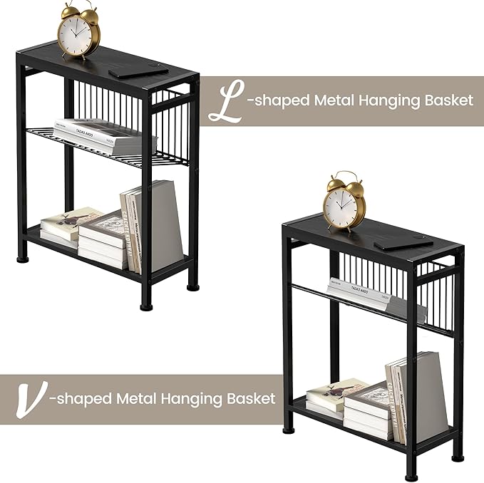 End Table for Small Space, 3-Tier Narrow Side Table with Magazine Holder, Nightstand, Skinny Snack Couch Table in Living Room, Bedroom Study and Balcony (Black)