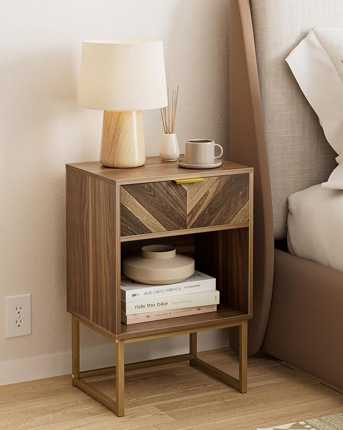 Nightstand, Boho Night Stand Wood Farmhouse Bedside Table with Storage, End Side Table for Bedroom,Living Room,Walnut