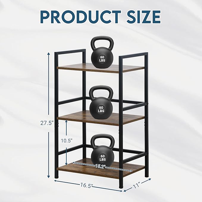 LOFTEY Book Shelf Small Bookshelf, 3 Tier Industrial Short Bookshelf, Metal Open Shelf Bookcase for Living Room, Bedroom, and Office, Rustic Brown