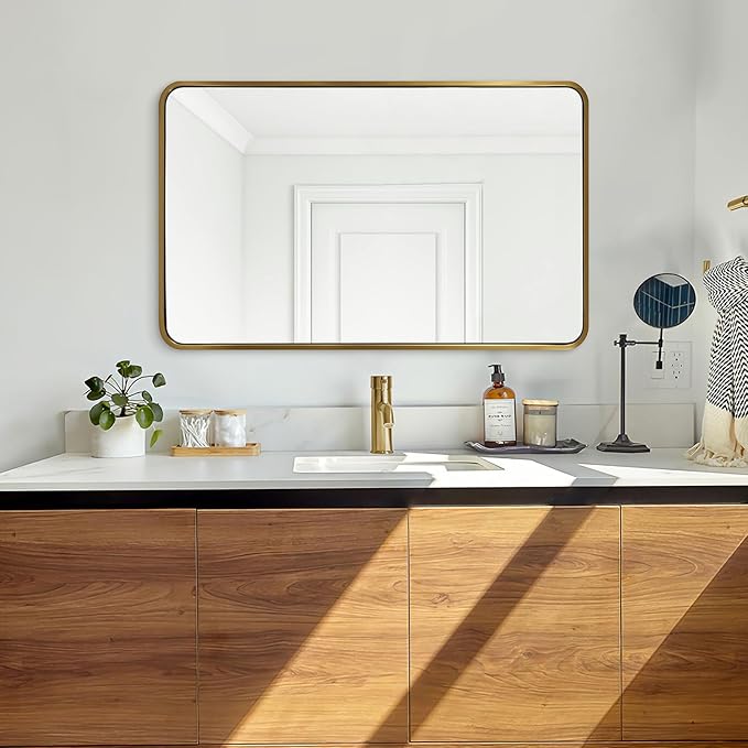 ANDY STAR Brushed Gold Bathroom Mirror 48”X30”, Brass Bathroom Vanity Mirror Rounded Rectangle, SUS304-Anti-Rust Metal Frame Mirror, Wall Mounted Horizontal/Vertical 1’’ Deep