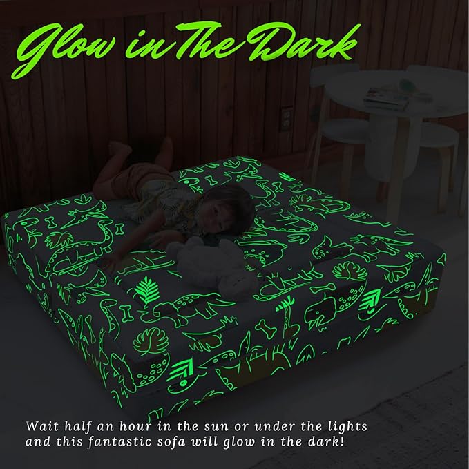MeMoreCool Modular Kids Sofa,Toddler Play Couch Fold Out for Playroom, Dinosaur Glow in Dark Convertible Plush Foam Chair for Childrens