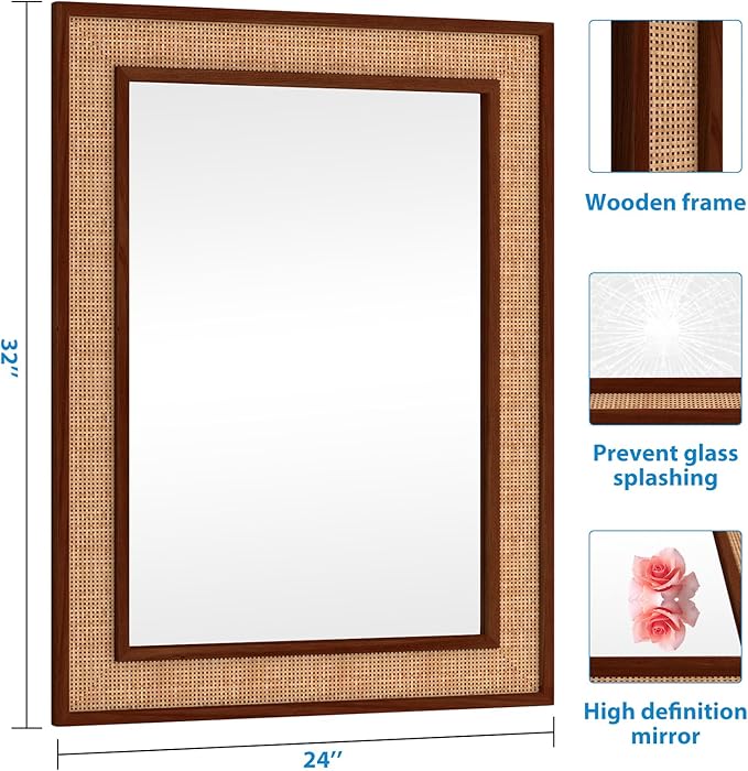 Rattan Wall Mirror with Wooden Framed 24 X 32 inch Farmhouse Rectangle Wood Mirror for Modern Decorative Bathroom, Living Room, Entryway, Bedroom (Walnut)
